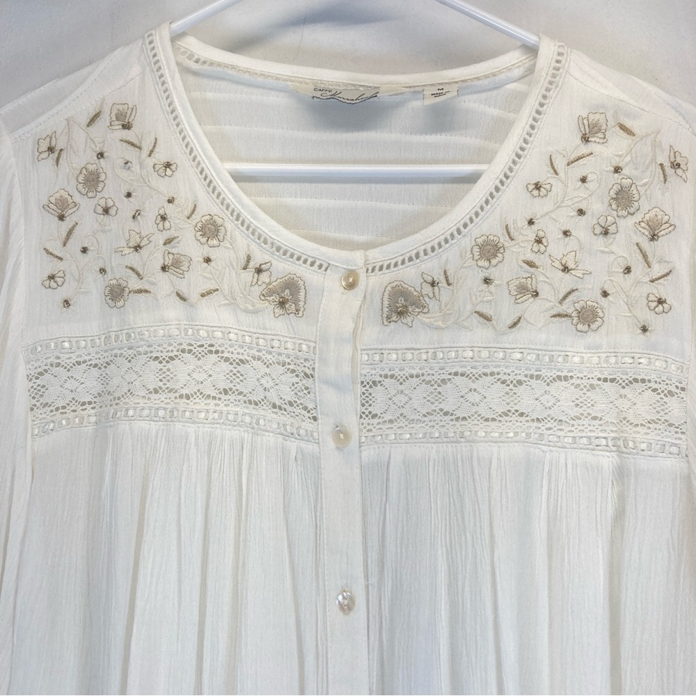 Caffe Marrakesh Top Womens M Button Up Embroidered Ruched Back Long Sleeves - Picture 6 of 16